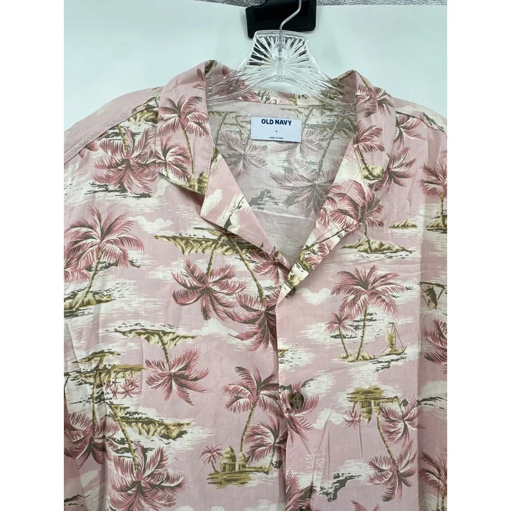 Old Navy Mens Large Pink Tropical Palm Tree Camp Shirt Short Sleeve Button Down